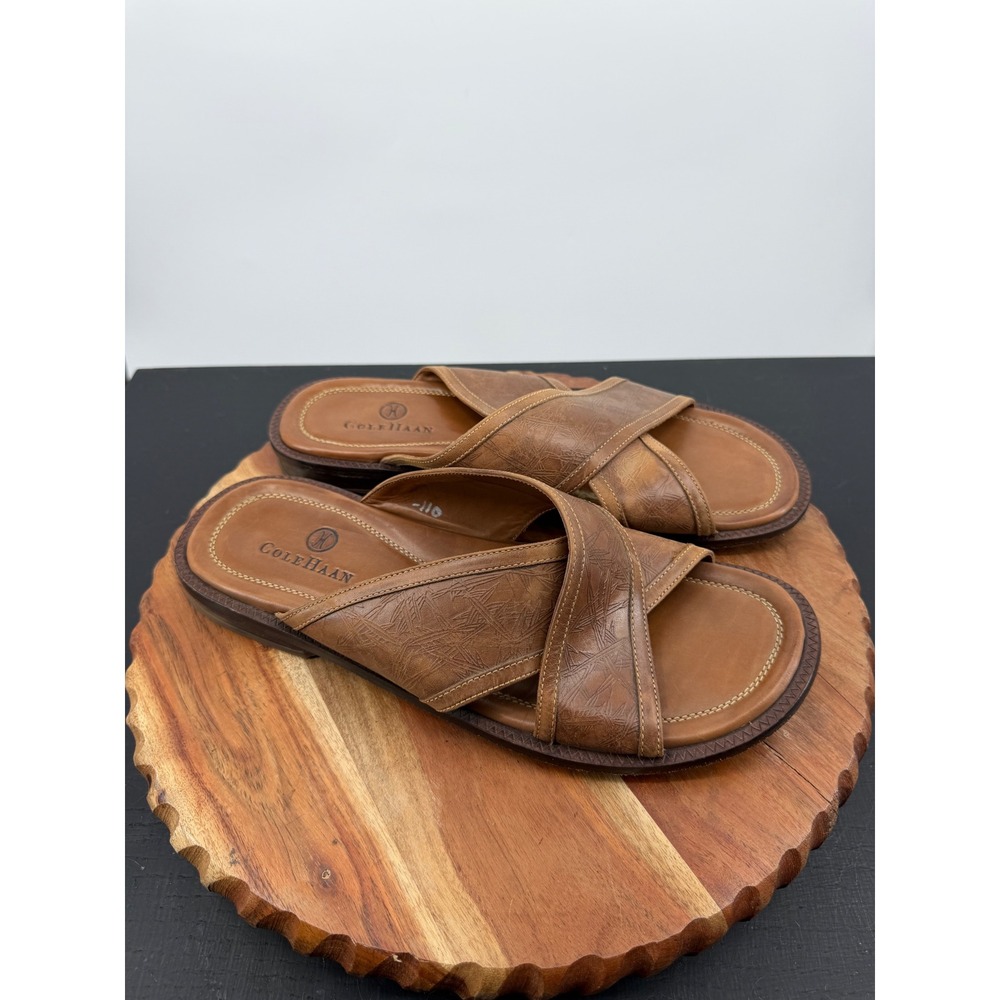 Cole Haan C04541 Slide Sandals Mens 10.5 Brown Leather Criss Cross Etched Straps